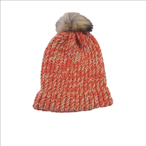 NEW Warm Hand Knit Winter Hat with Faux Fur Pom Pom